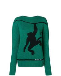 dunkelgrüner bedruckter Pullover mit einem Rundhalsausschnitt von Prada