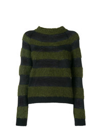 dunkelgrüner horizontal gestreifter Pullover mit einem Rundhalsausschnitt