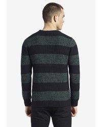 dunkelgrüner horizontal gestreifter Pullover mit einem Rundhalsausschnitt von khujo