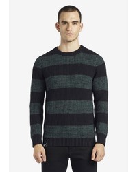 dunkelgrüner horizontal gestreifter Pullover mit einem Rundhalsausschnitt von khujo