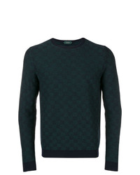 dunkelgrüner Pullover mit einem Rundhalsausschnitt mit geometrischem Muster von Zanone