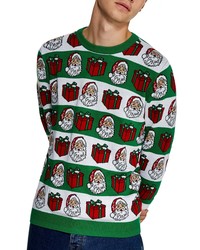dunkelgrüner Pullover mit einem Rundhalsausschnitt mit Weihnachten Muster