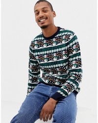 dunkelgrüner Pullover mit einem Rundhalsausschnitt mit Weihnachten Muster von Threadbare