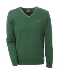 dunkelgrüner Pullover mit einem V-Ausschnitt von H. Moser