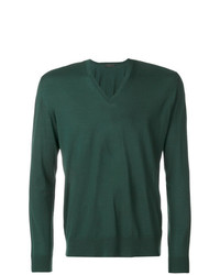 dunkelgrüner Pullover mit einem V-Ausschnitt von Prada