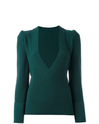 dunkelgrüner Pullover mit einem V-Ausschnitt von Sacai