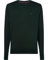 dunkelgrüner Pullover mit einem V-Ausschnitt von Tommy Hilfiger