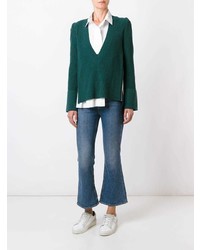 dunkelgrüner Pullover mit einem V-Ausschnitt von Sacai