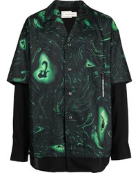 dunkelgrünes bedrucktes Langarmhemd von Feng Chen Wang