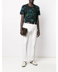 dunkelgrünes bedrucktes T-Shirt mit einem Rundhalsausschnitt von Saint Laurent
