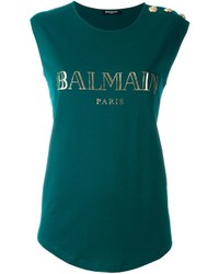 dunkelgrünes bedrucktes T-Shirt mit einem Rundhalsausschnitt von Balmain