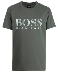 dunkelgrünes bedrucktes T-Shirt mit einem Rundhalsausschnitt von BOSS