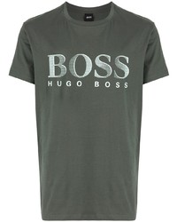 dunkelgrünes bedrucktes T-Shirt mit einem Rundhalsausschnitt von BOSS