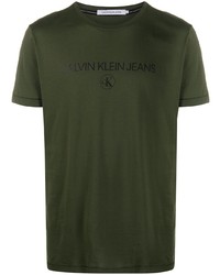 dunkelgrünes bedrucktes T-Shirt mit einem Rundhalsausschnitt von Calvin Klein Jeans