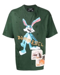 dunkelgrünes bedrucktes T-Shirt mit einem Rundhalsausschnitt von DOMREBEL