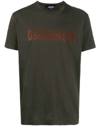 dunkelgrünes bedrucktes T-Shirt mit einem Rundhalsausschnitt von DSQUARED2