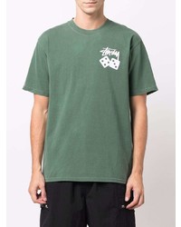 dunkelgrünes bedrucktes T-Shirt mit einem Rundhalsausschnitt von Stussy