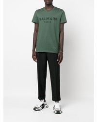 dunkelgrünes bedrucktes T-Shirt mit einem Rundhalsausschnitt von Balmain