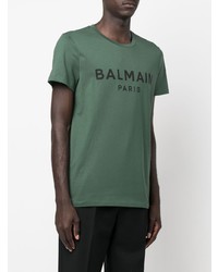 dunkelgrünes bedrucktes T-Shirt mit einem Rundhalsausschnitt von Balmain