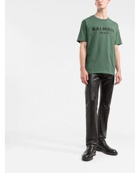 dunkelgrünes bedrucktes T-Shirt mit einem Rundhalsausschnitt von Balmain