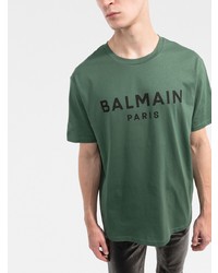 dunkelgrünes bedrucktes T-Shirt mit einem Rundhalsausschnitt von Balmain