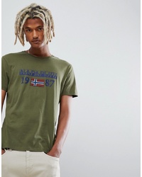 dunkelgrünes bedrucktes T-Shirt mit einem Rundhalsausschnitt von Napapijri