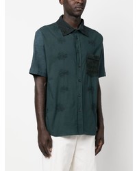 dunkelgrünes besticktes Leinen Kurzarmhemd von By Walid