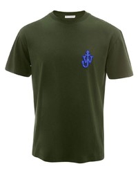 dunkelgrünes besticktes T-Shirt mit einem Rundhalsausschnitt von JW Anderson