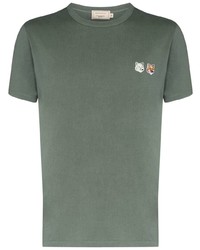 dunkelgrünes besticktes T-Shirt mit einem Rundhalsausschnitt von MAISON KITSUNÉ