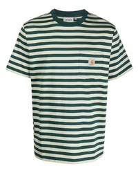 dunkelgrünes horizontal gestreiftes T-Shirt mit einem Rundhalsausschnitt von Carhartt WIP