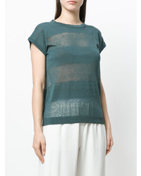dunkelgrünes horizontal gestreiftes T-Shirt mit einem Rundhalsausschnitt von Peserico