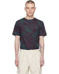 dunkelgrünes T-Shirt mit einem Rundhalsausschnitt mit Blumenmuster von Dries Van Noten