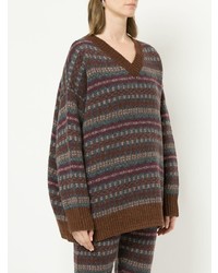 dunkellila Pullover mit einem V-Ausschnitt mit Norwegermuster von H Beauty&Youth