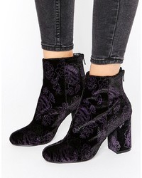 dunkellila Samt Stiefeletten mit Blumenmuster