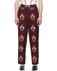 dunkelrote Leinen Chinohose mit Blumenmuster