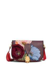 dunkelrote Satchel-Tasche aus Leder mit Blumenmuster