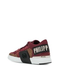dunkelrote verzierte Leder niedrige Sneakers von Philipp Plein