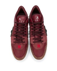 dunkelrote verzierte Leder niedrige Sneakers von Philipp Plein