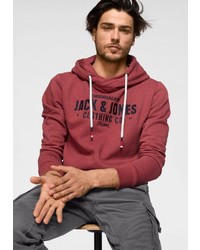 dunkelroter bedruckter Pullover mit einem Kapuze von Jack & Jones