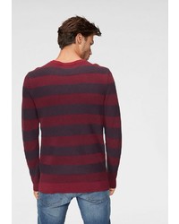 dunkelroter horizontal gestreifter Pullover mit einem Rundhalsausschnitt von John Devin