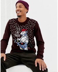 dunkelroter Pullover mit einem Rundhalsausschnitt mit Weihnachten Muster
