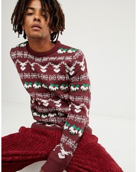 dunkelroter Pullover mit einem Rundhalsausschnitt mit Weihnachten Muster von Another Influence