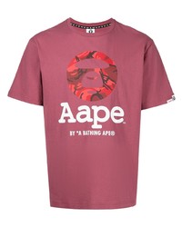 dunkelrotes bedrucktes T-Shirt mit einem Rundhalsausschnitt von AAPE BY A BATHING APE