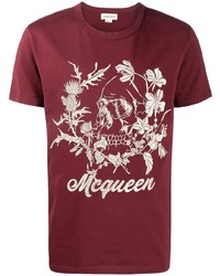 dunkelrotes bedrucktes T-Shirt mit einem Rundhalsausschnitt von Alexander McQueen