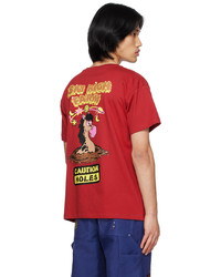 dunkelrotes bedrucktes T-Shirt mit einem Rundhalsausschnitt von Sky High Farm Workwear
