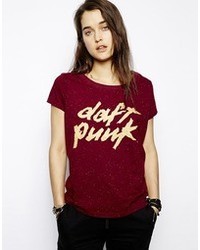 dunkelrotes bedrucktes T-Shirt mit einem Rundhalsausschnitt von Eleven Paris