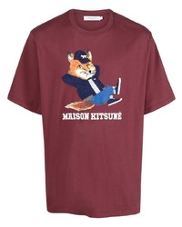 dunkelrotes bedrucktes T-Shirt mit einem Rundhalsausschnitt von MAISON KITSUNÉ