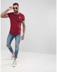 dunkelrotes bedrucktes T-Shirt mit einem Rundhalsausschnitt von Siksilk