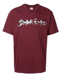 dunkelrotes bedrucktes T-Shirt mit einem Rundhalsausschnitt von Supreme