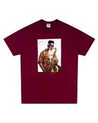 dunkelrotes bedrucktes T-Shirt mit einem Rundhalsausschnitt von Supreme